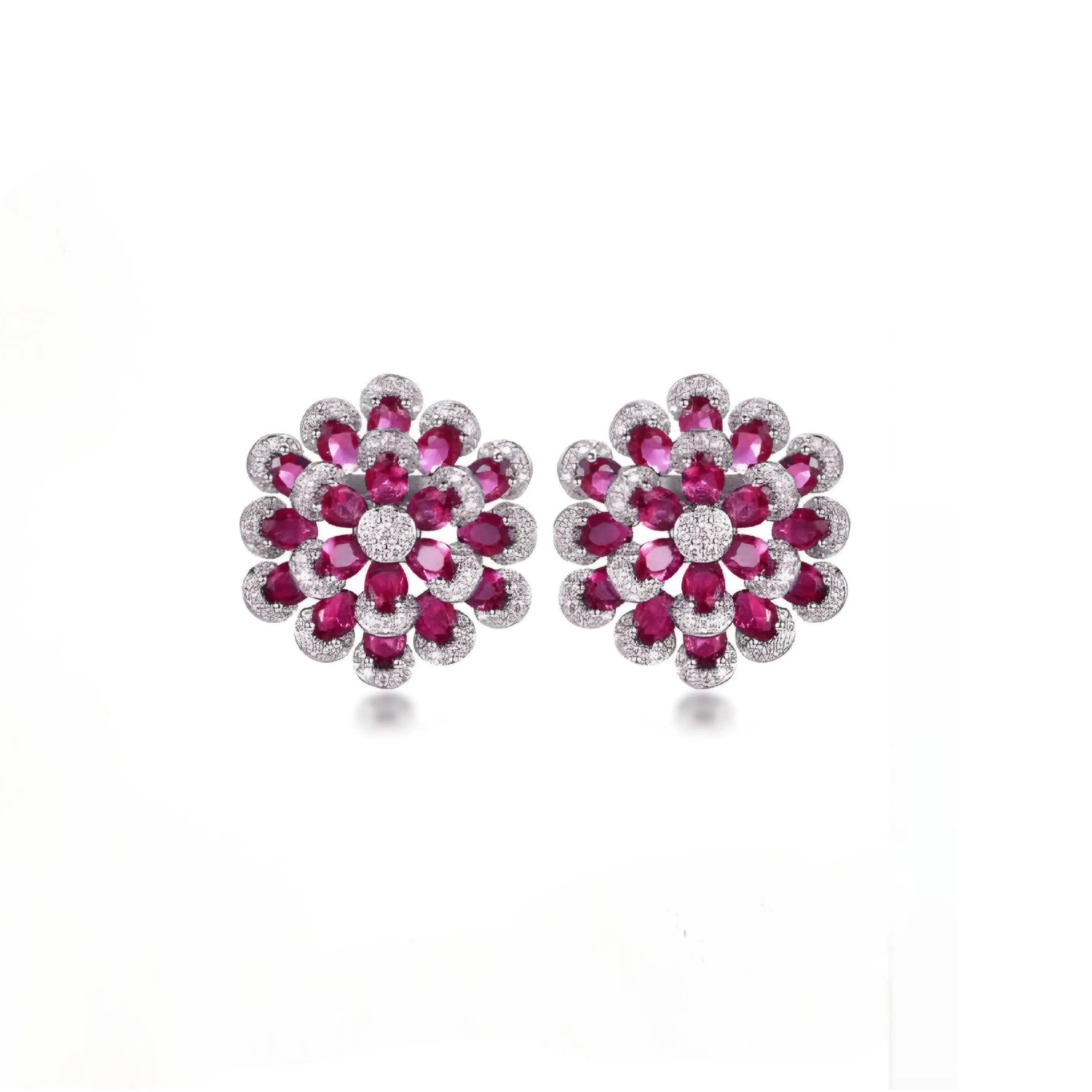 Rhodium Plated Sterling Silver Colorful Multi-Petal Flower and Micropave Stud Earrings