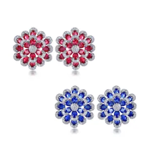 Rhodium Plated Sterling Silver Colorful Multi-Petal Flower and Micropave Stud Earrings