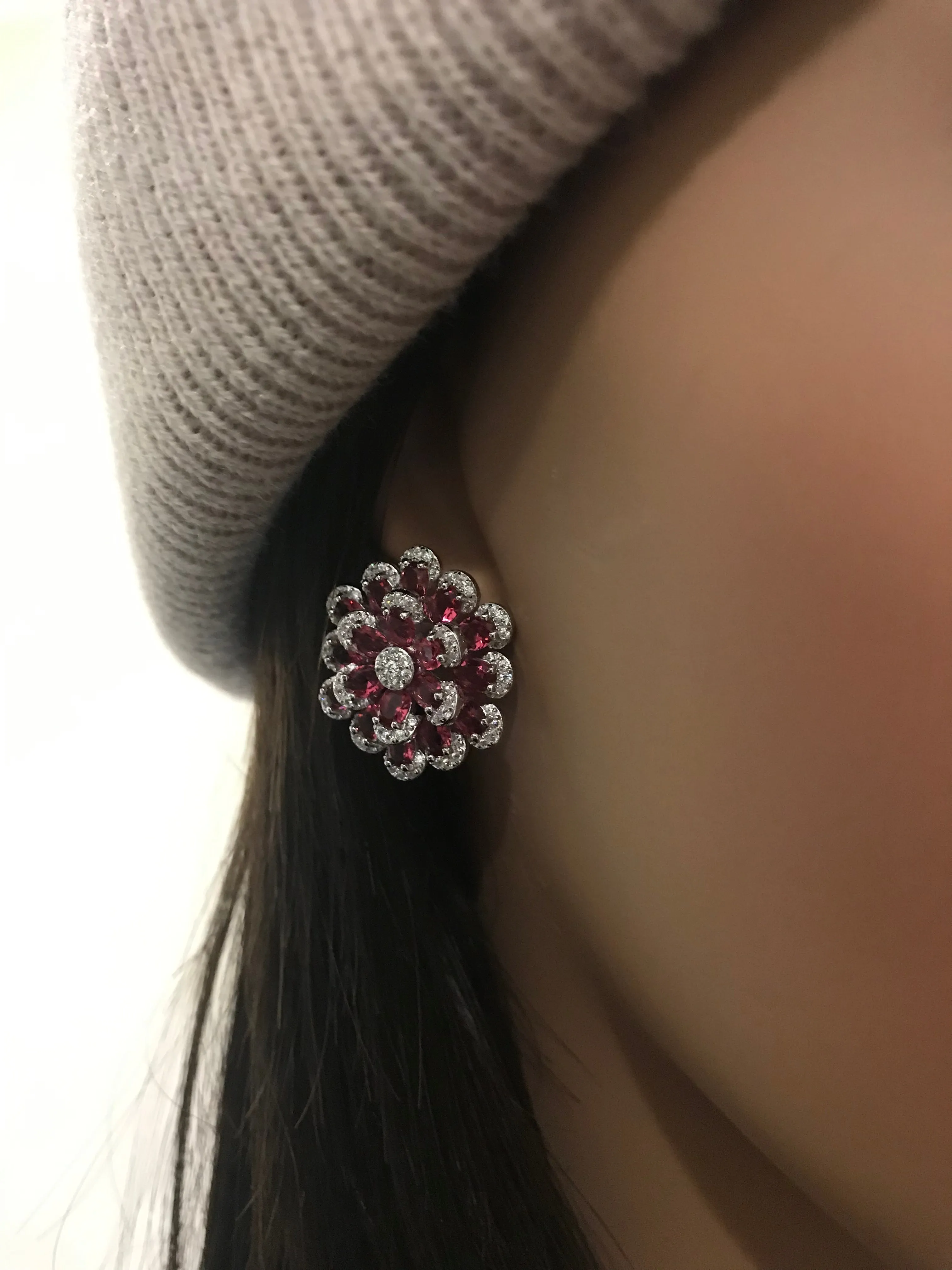 Rhodium Plated Sterling Silver Colorful Multi-Petal Flower and Micropave Stud Earrings
