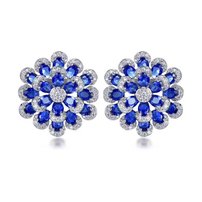 Rhodium Plated Sterling Silver Colorful Multi-Petal Flower and Micropave Stud Earrings