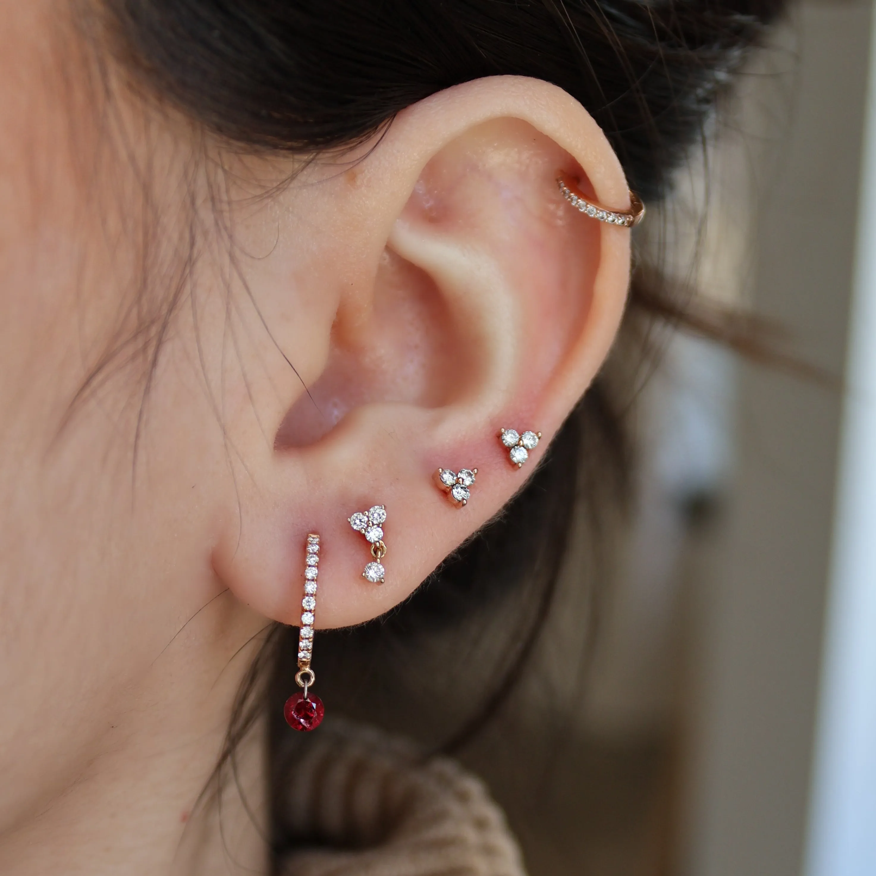 Rose Gold Diamond Ruby Dangle Huggies