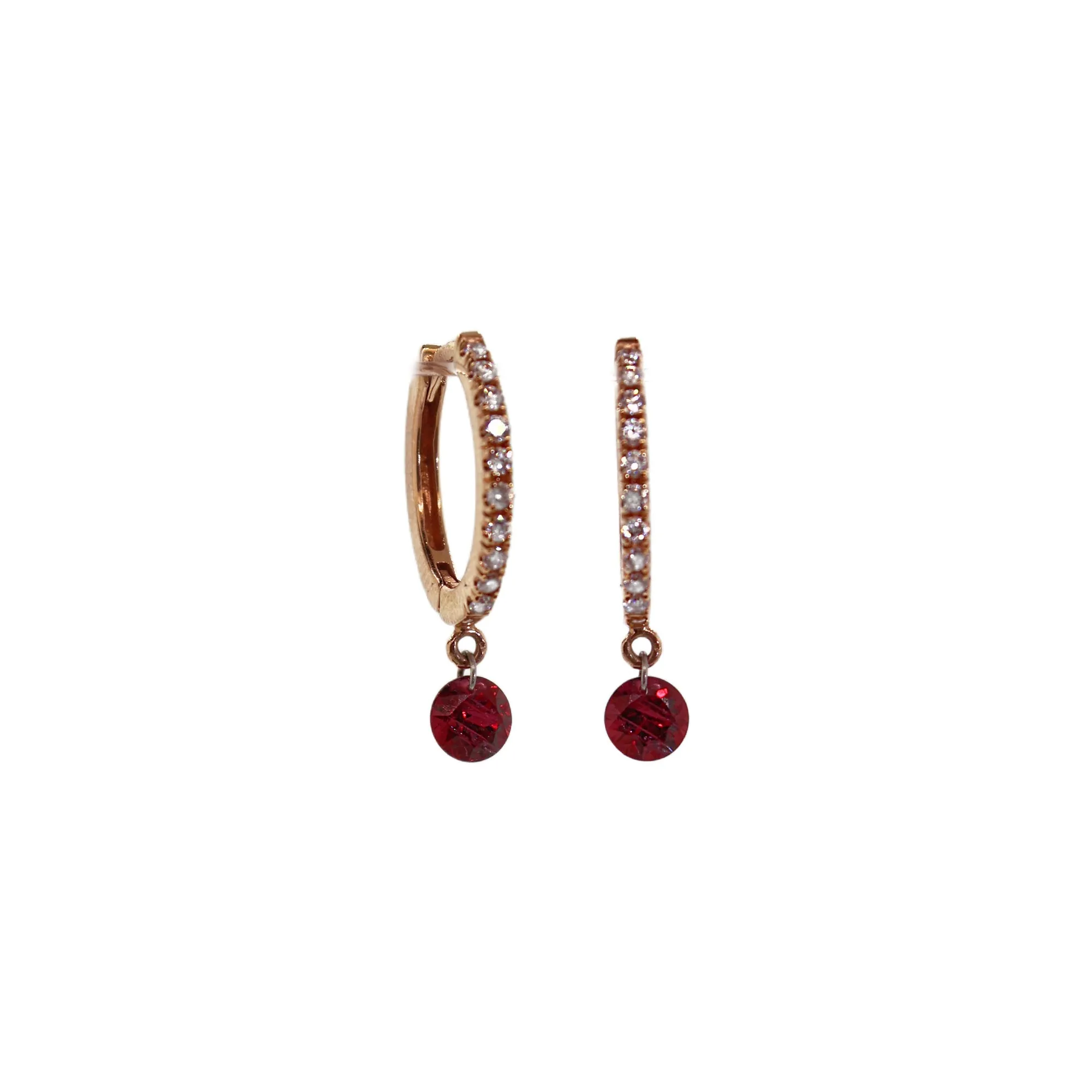 Rose Gold Diamond Ruby Dangle Huggies