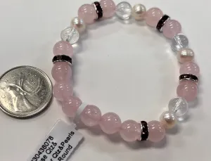 Rose Quartz w/ Clear Quartz, Rhinestones and Peals Bracelet 8mm