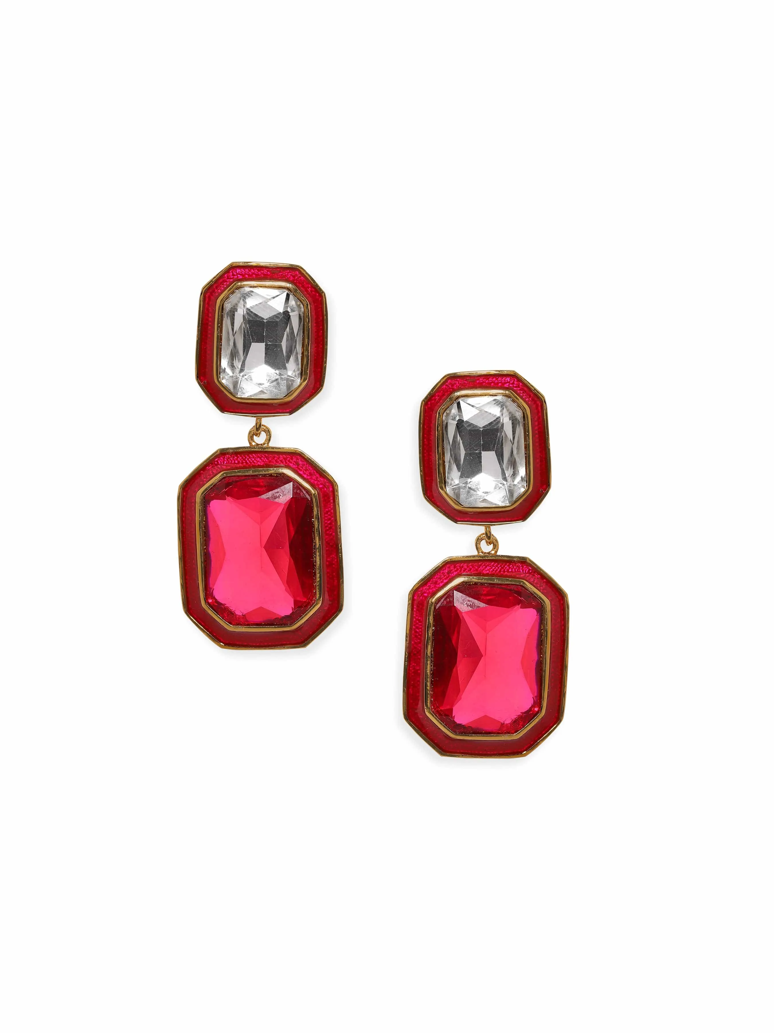 Rubans 22K Antique Gold Plated Ruby Crystal Studded Red Enamel Dangle Earring