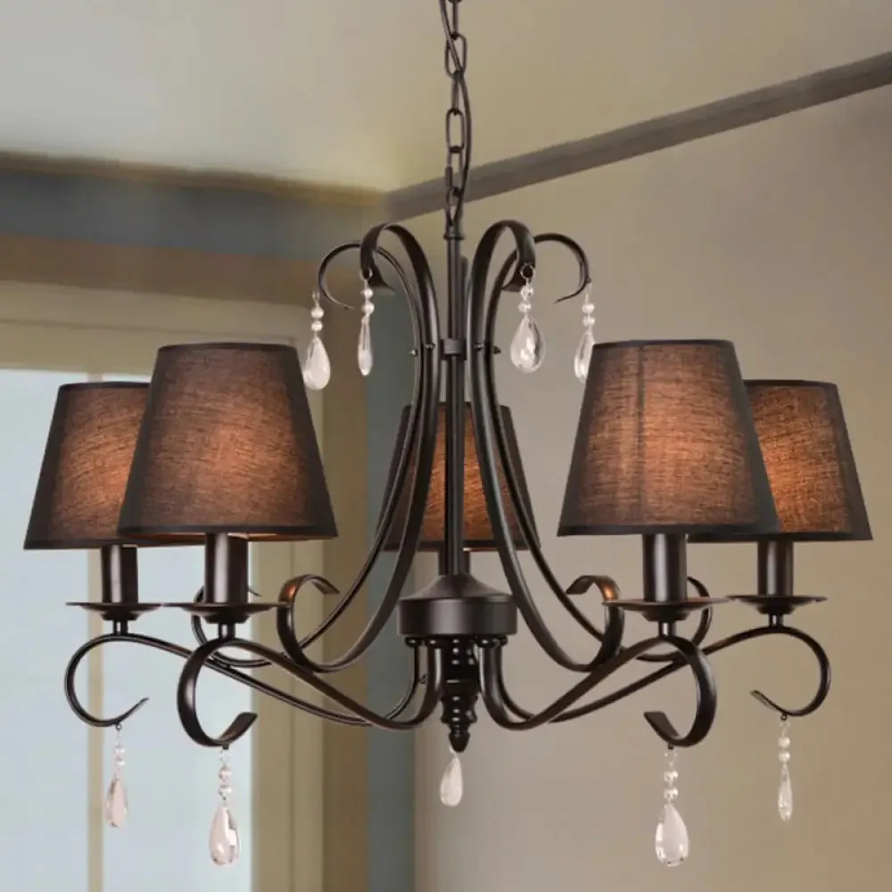 Rustic Black Fabric Suspension Pendant Chandelier with Swirl Arm, Crystal Drops - 5 Lights for Living Room