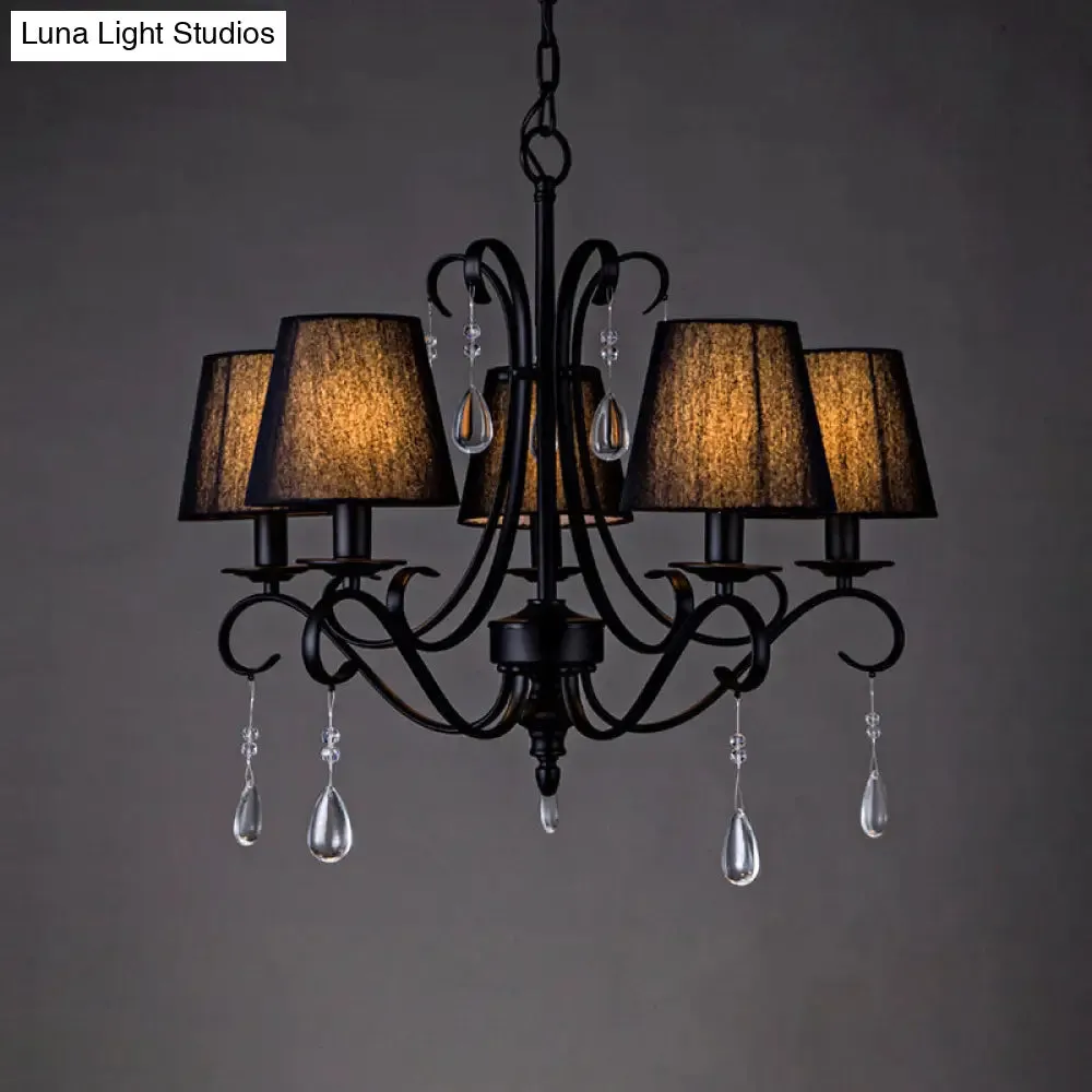Rustic Black Fabric Suspension Pendant Chandelier with Swirl Arm, Crystal Drops - 5 Lights for Living Room