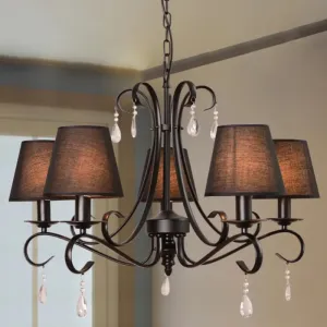 Rustic Black Fabric Suspension Pendant Chandelier with Swirl Arm, Crystal Drops - 5 Lights for Living Room