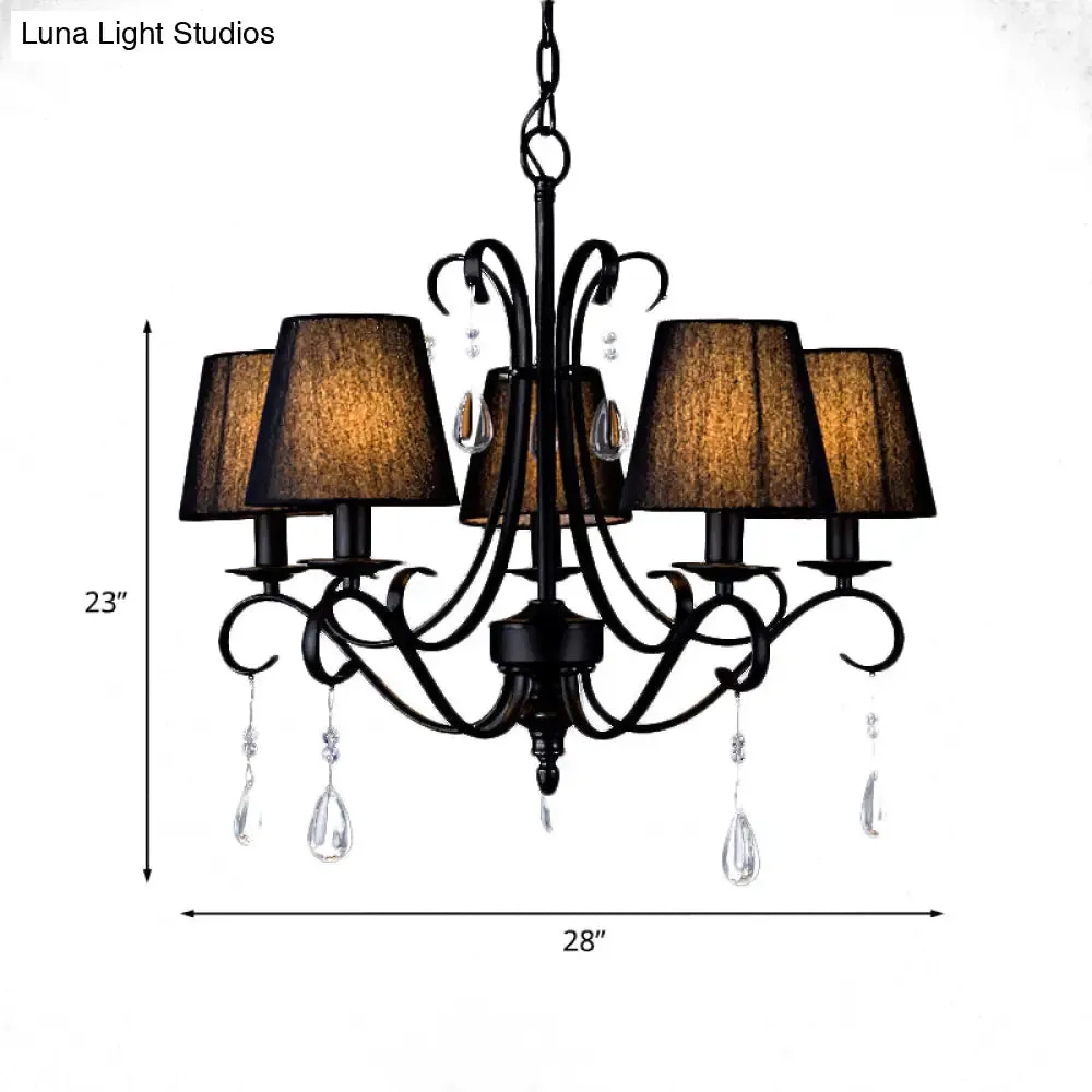 Rustic Black Fabric Suspension Pendant Chandelier with Swirl Arm, Crystal Drops - 5 Lights for Living Room