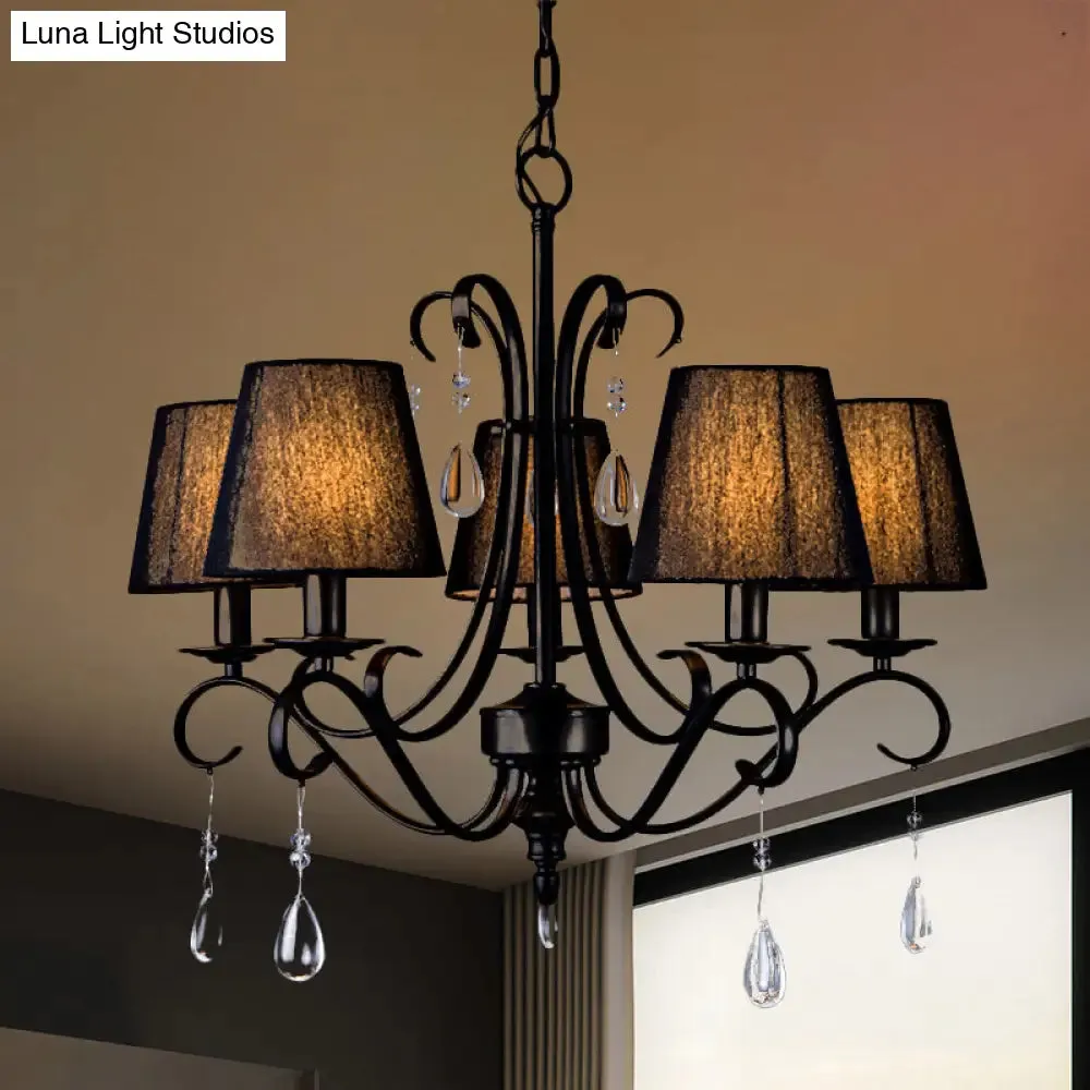 Rustic Black Fabric Suspension Pendant Chandelier with Swirl Arm, Crystal Drops - 5 Lights for Living Room