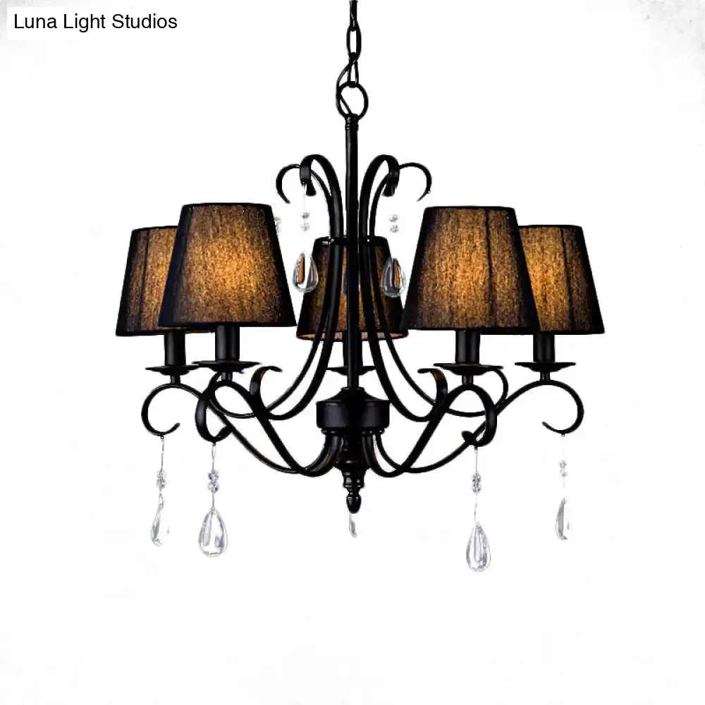 Rustic Black Fabric Suspension Pendant Chandelier with Swirl Arm, Crystal Drops - 5 Lights for Living Room