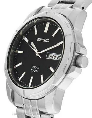 Seiko Solar Mens Stainless Steel Day/Date Watch - Black Dial - 100m