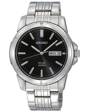 Seiko Solar Mens Stainless Steel Day/Date Watch - Black Dial - 100m