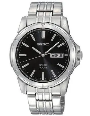 Seiko Solar Mens Stainless Steel Day/Date Watch - Black Dial - 100m