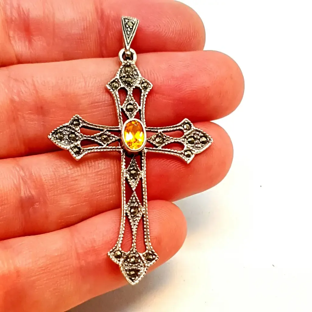 Silver and citrine cross, vintage pendant for necklace, gifts for mom.