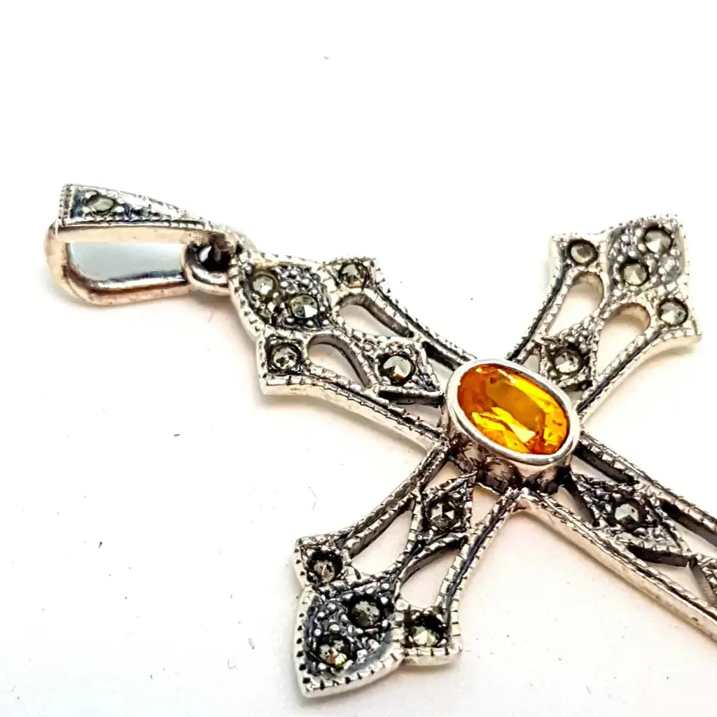 Silver and citrine cross, vintage pendant for necklace, gifts for mom.