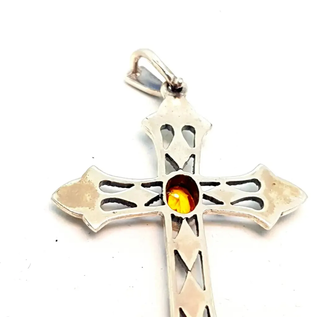 Silver and citrine cross, vintage pendant for necklace, gifts for mom.