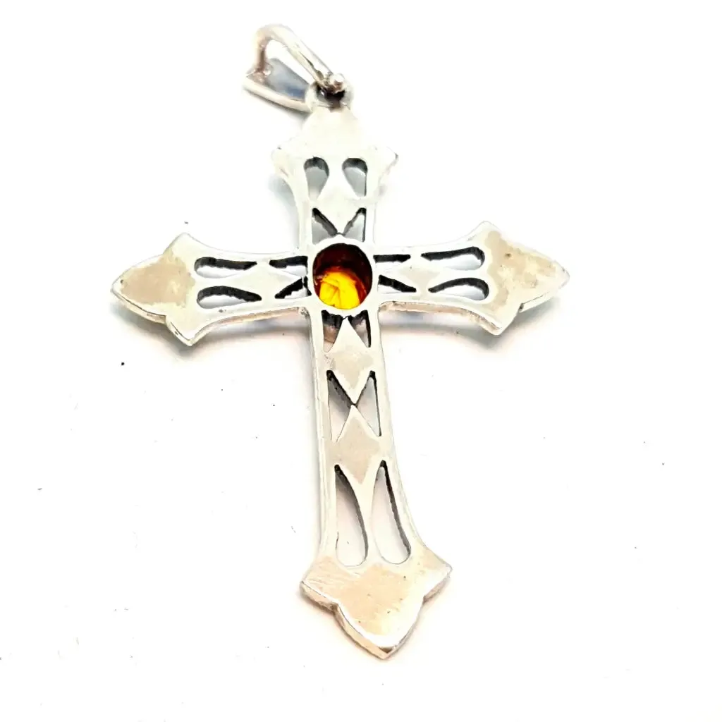 Silver and citrine cross, vintage pendant for necklace, gifts for mom.
