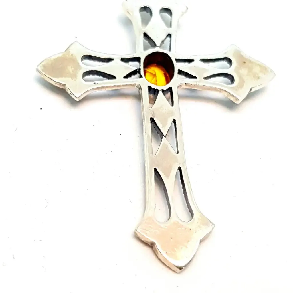 Silver and citrine cross, vintage pendant for necklace, gifts for mom.