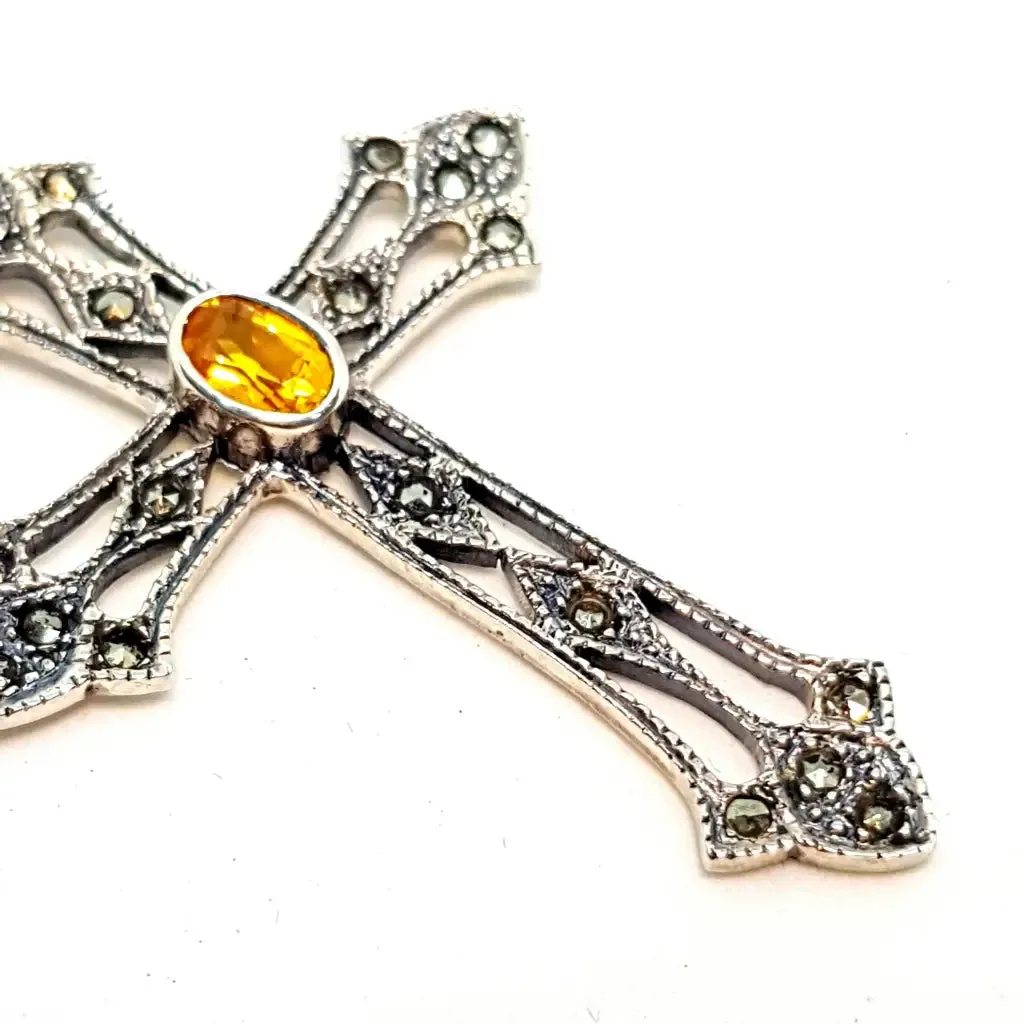 Silver and citrine cross, vintage pendant for necklace, gifts for mom.