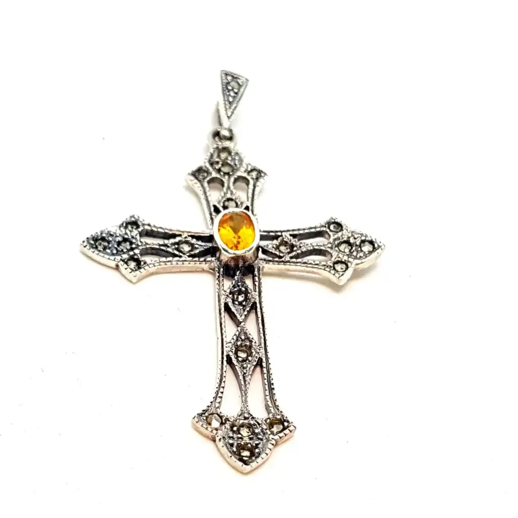 Silver and citrine cross, vintage pendant for necklace, gifts for mom.