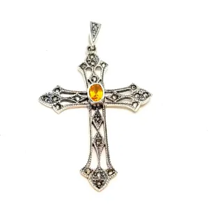 Silver and citrine cross, vintage pendant for necklace, gifts for mom.