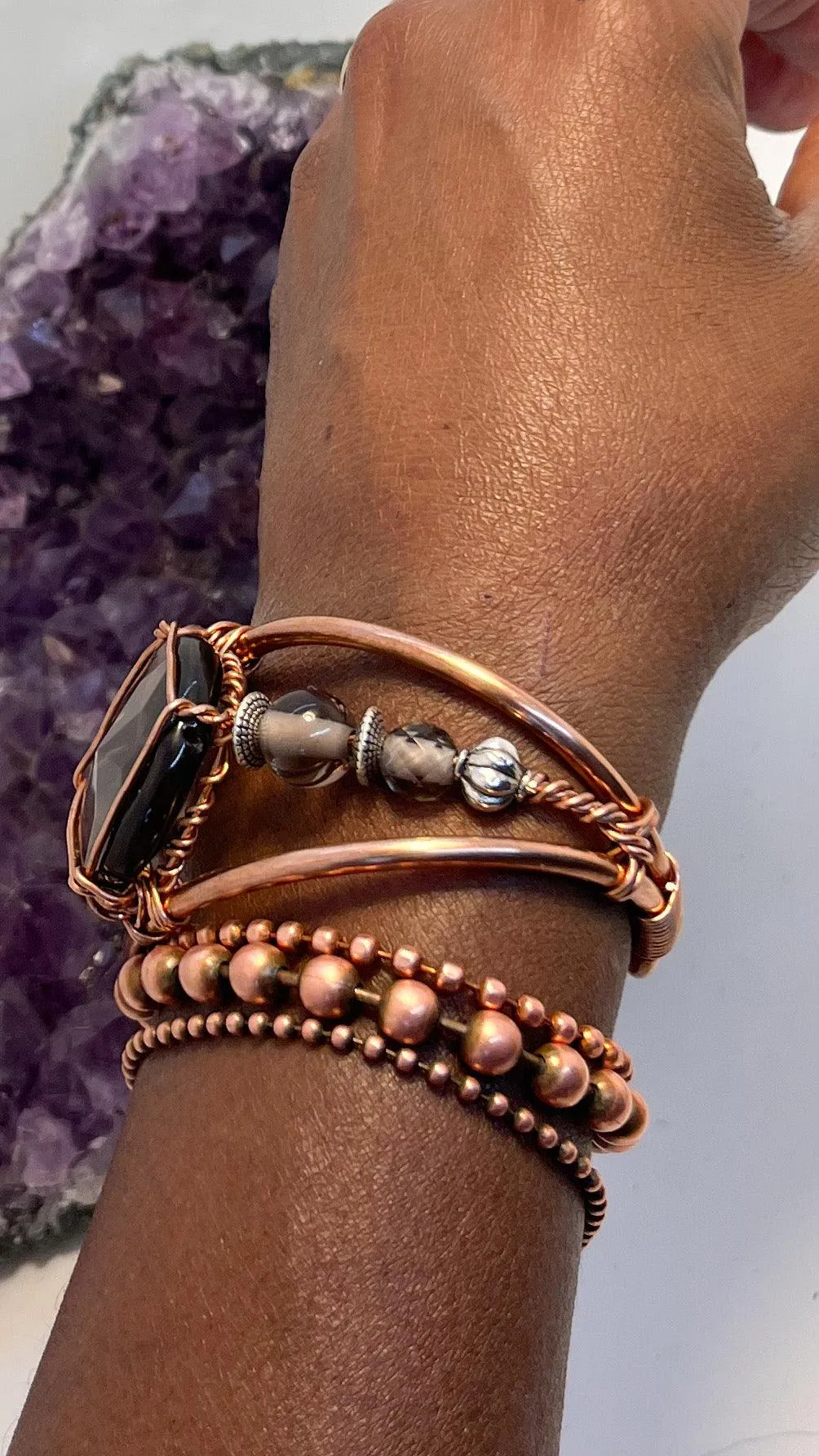 Smoky Quartz with Smoky Quartz Side Stones  Crystal Copper Bracelet Wire wrapped Handmade