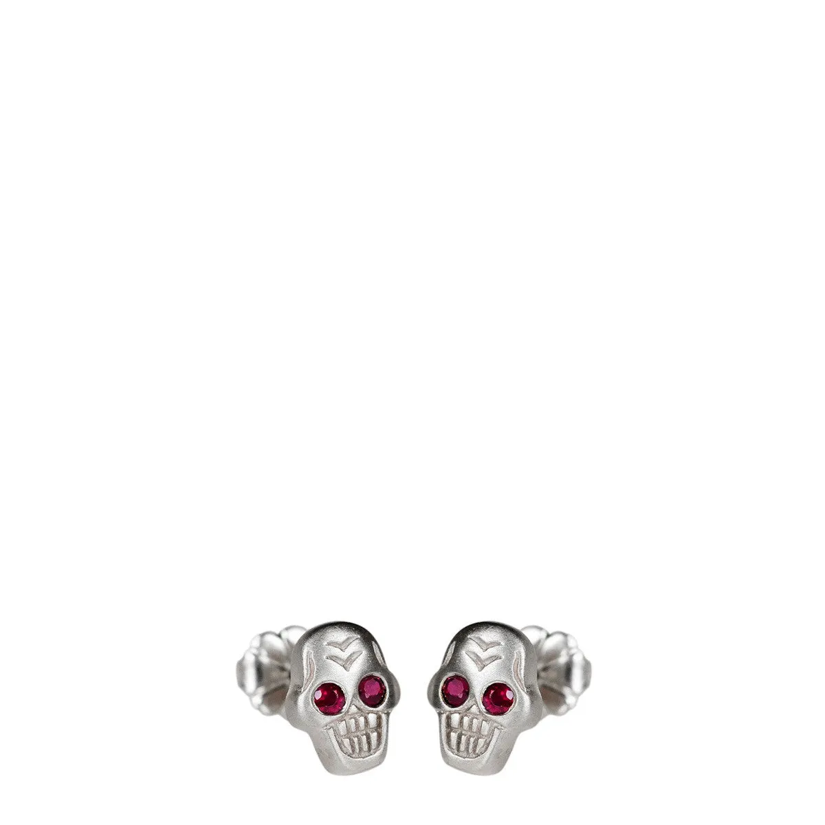 Sterling Silver Tiny Skull Stud Earrings with Ruby Eyes