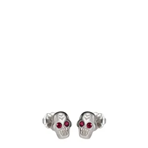 Sterling Silver Tiny Skull Stud Earrings with Ruby Eyes