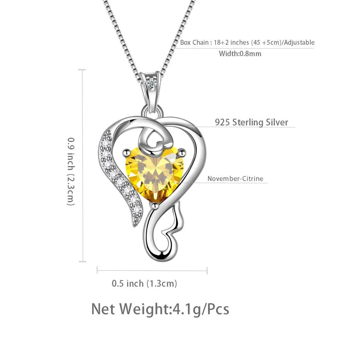 Tokyo Mart Love Heart Birthstone November Citrine Necklace Pendant Women Girls Jewelry Birthday Gift