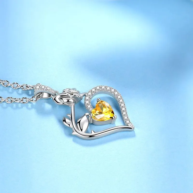 Tokyo Mart November Citrine Necklace Women Heart Birthstone Pendant Flower Rose Jewelry Birthday Gifts