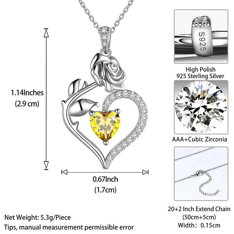 Tokyo Mart November Citrine Necklace Women Heart Birthstone Pendant Flower Rose Jewelry Birthday Gifts