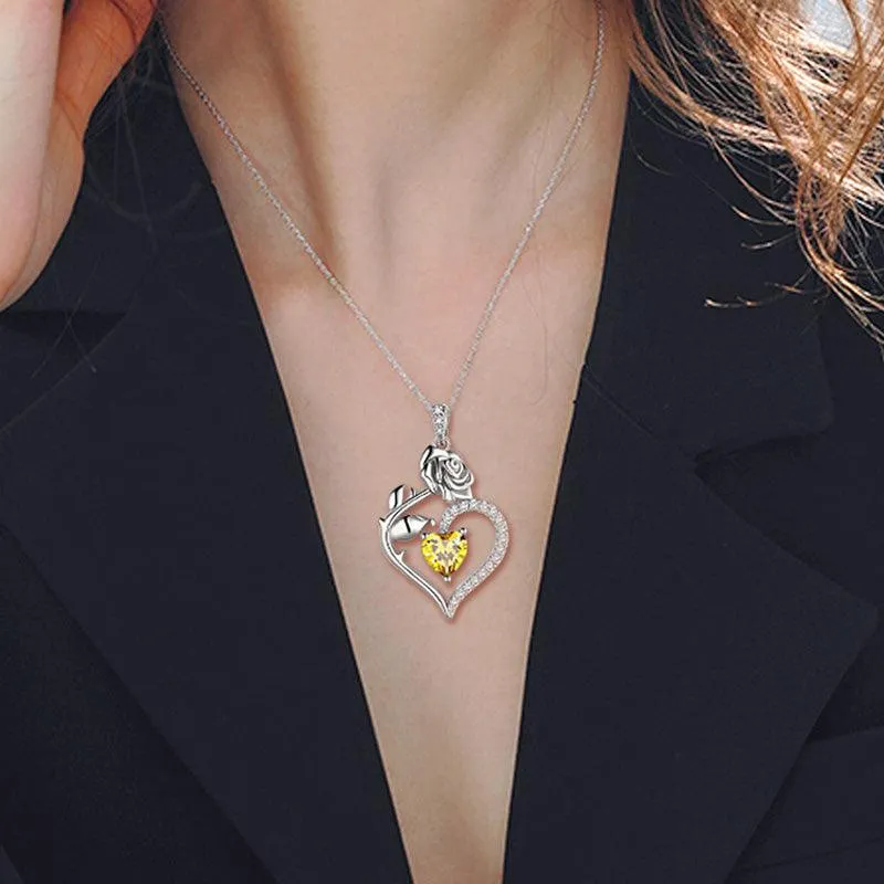 Tokyo Mart November Citrine Necklace Women Heart Birthstone Pendant Flower Rose Jewelry Birthday Gifts