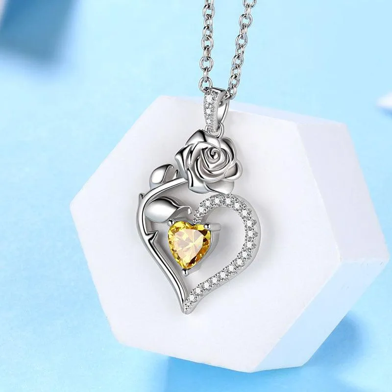 Tokyo Mart November Citrine Necklace Women Heart Birthstone Pendant Flower Rose Jewelry Birthday Gifts