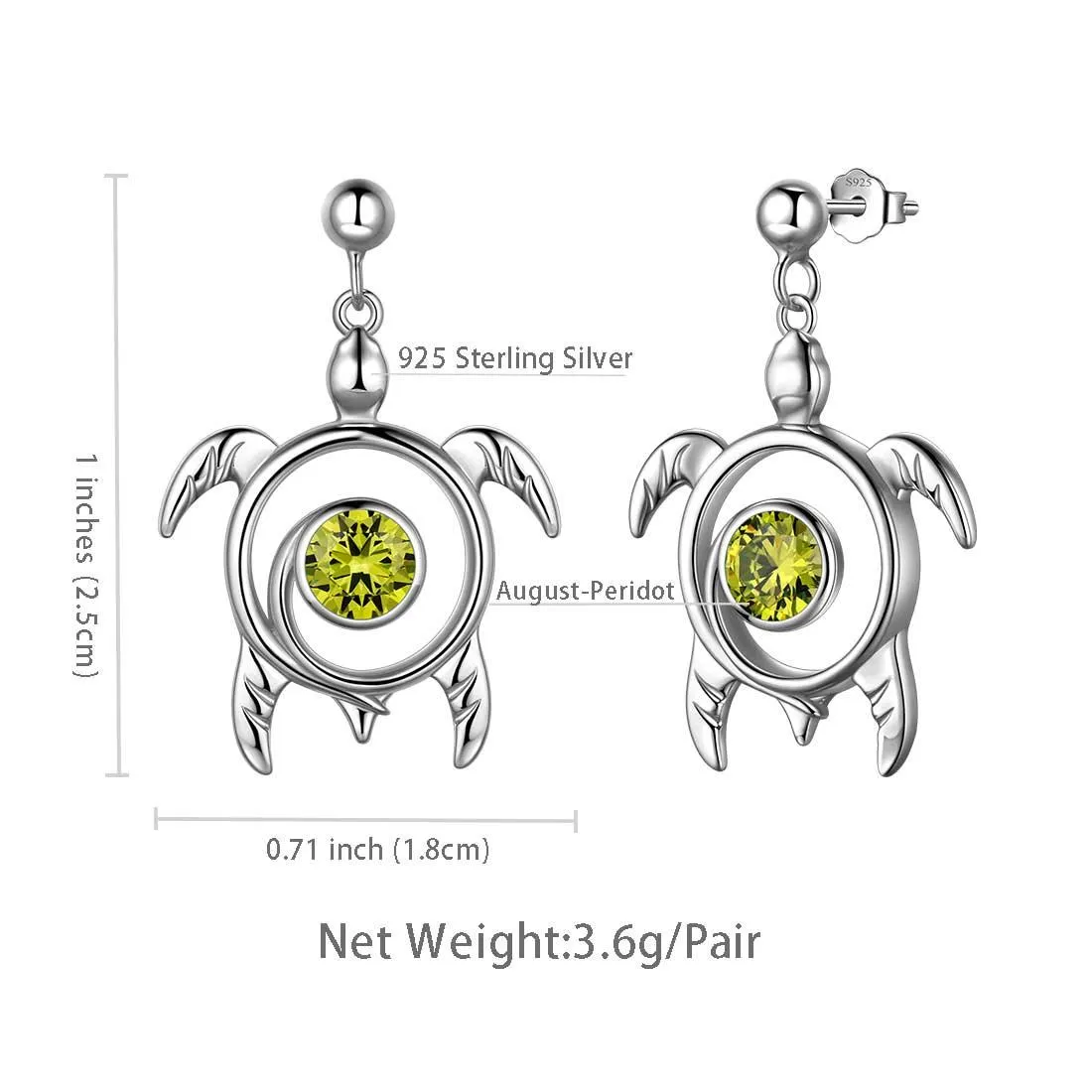 Tokyo Mart Turtle Birthstone August Peridot Earrings Dangle Women Girls Jewelry Birthday Gift Sterling Silver