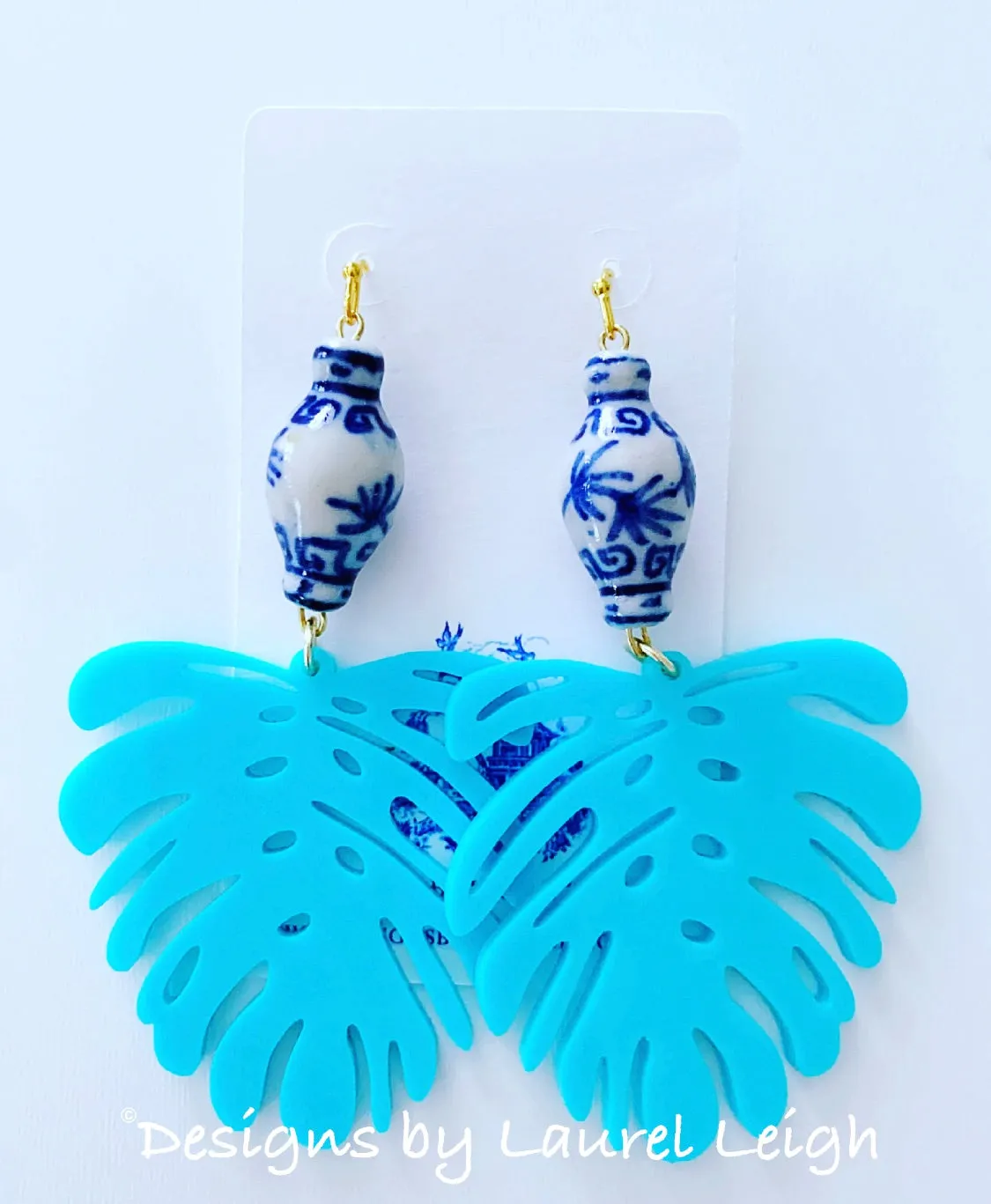 Turquoise Ginger Jar Palm Leaf Earrings