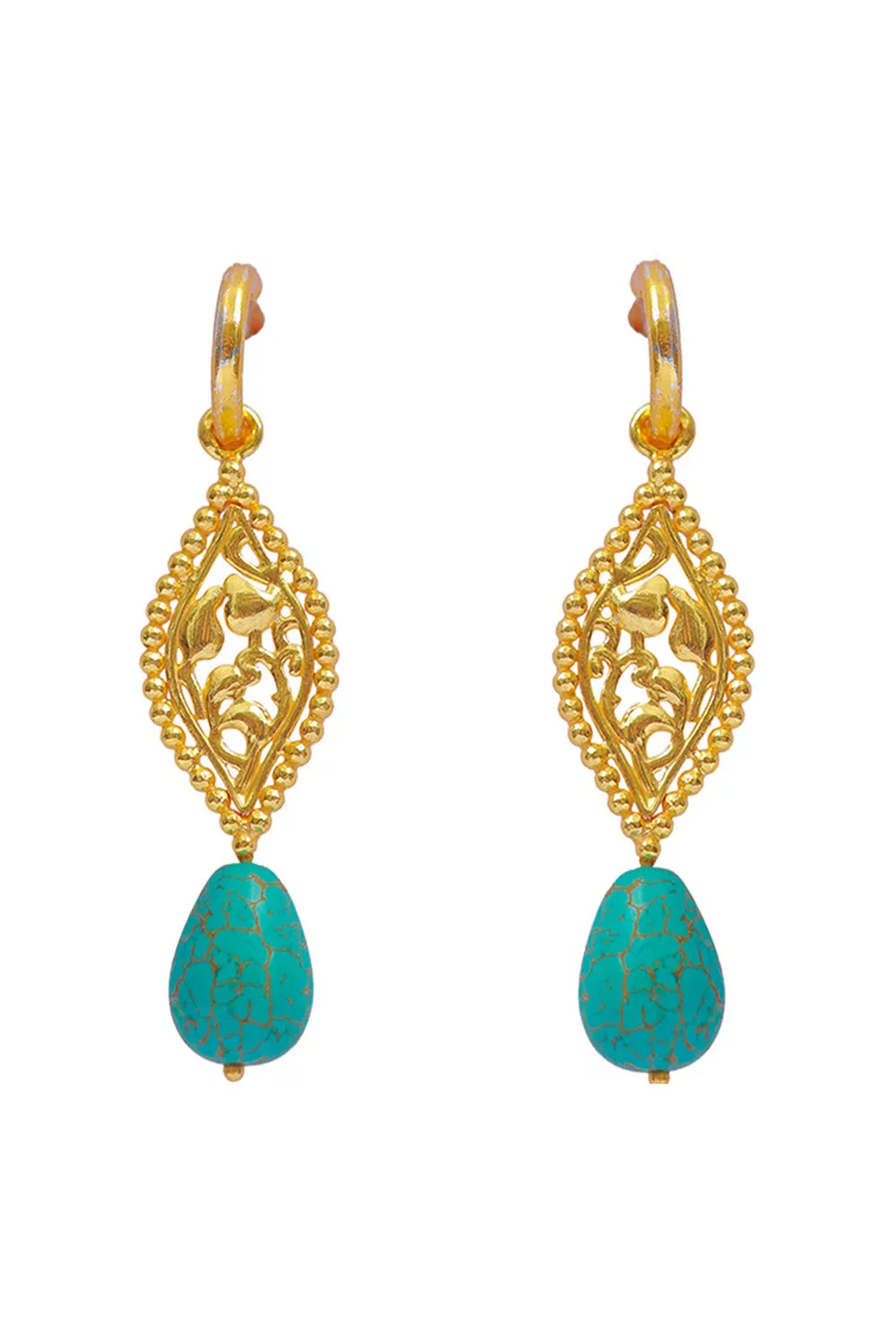 Turquoise Stone Gold Finish Dangler Earrings In 92.5 Sterling Silver