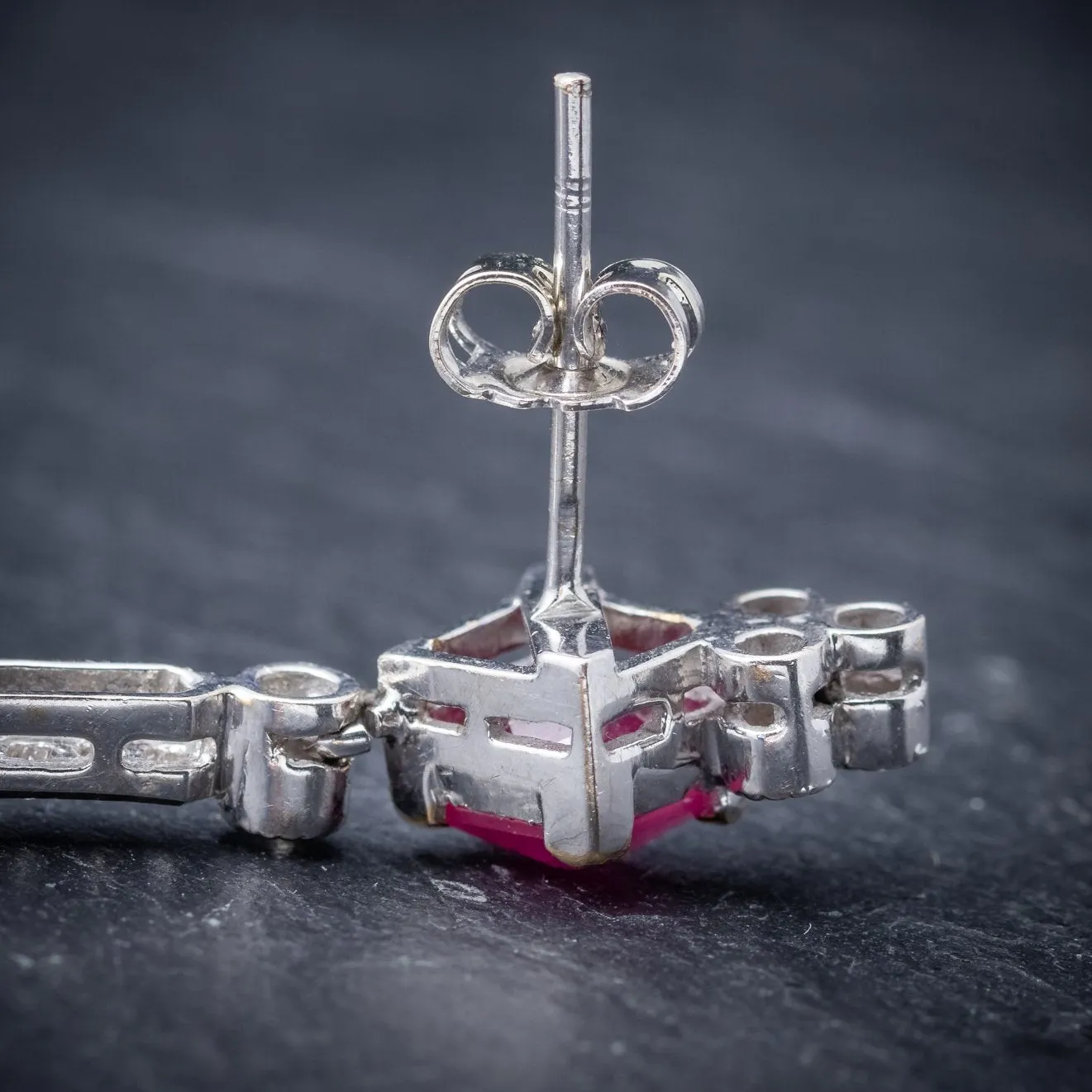 Vintage Long Ruby Diamond Drop Earrings 18Ct White Gold Circa 1960