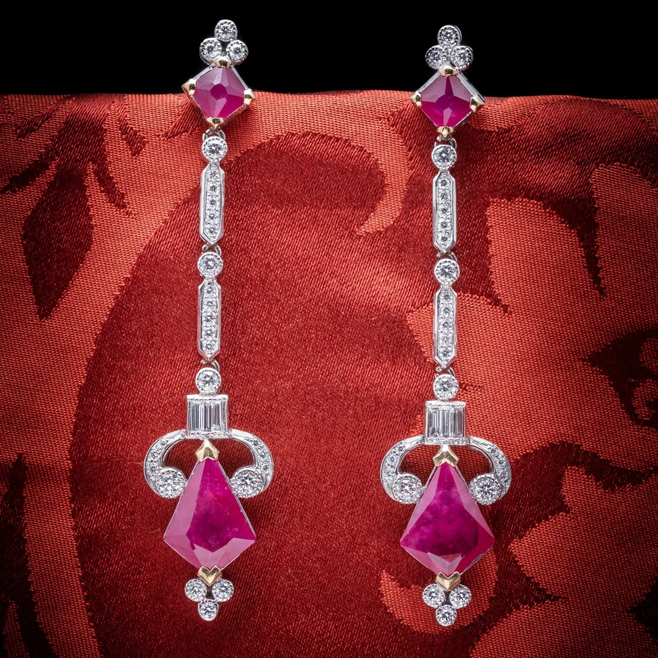 Vintage Long Ruby Diamond Drop Earrings 18Ct White Gold Circa 1960