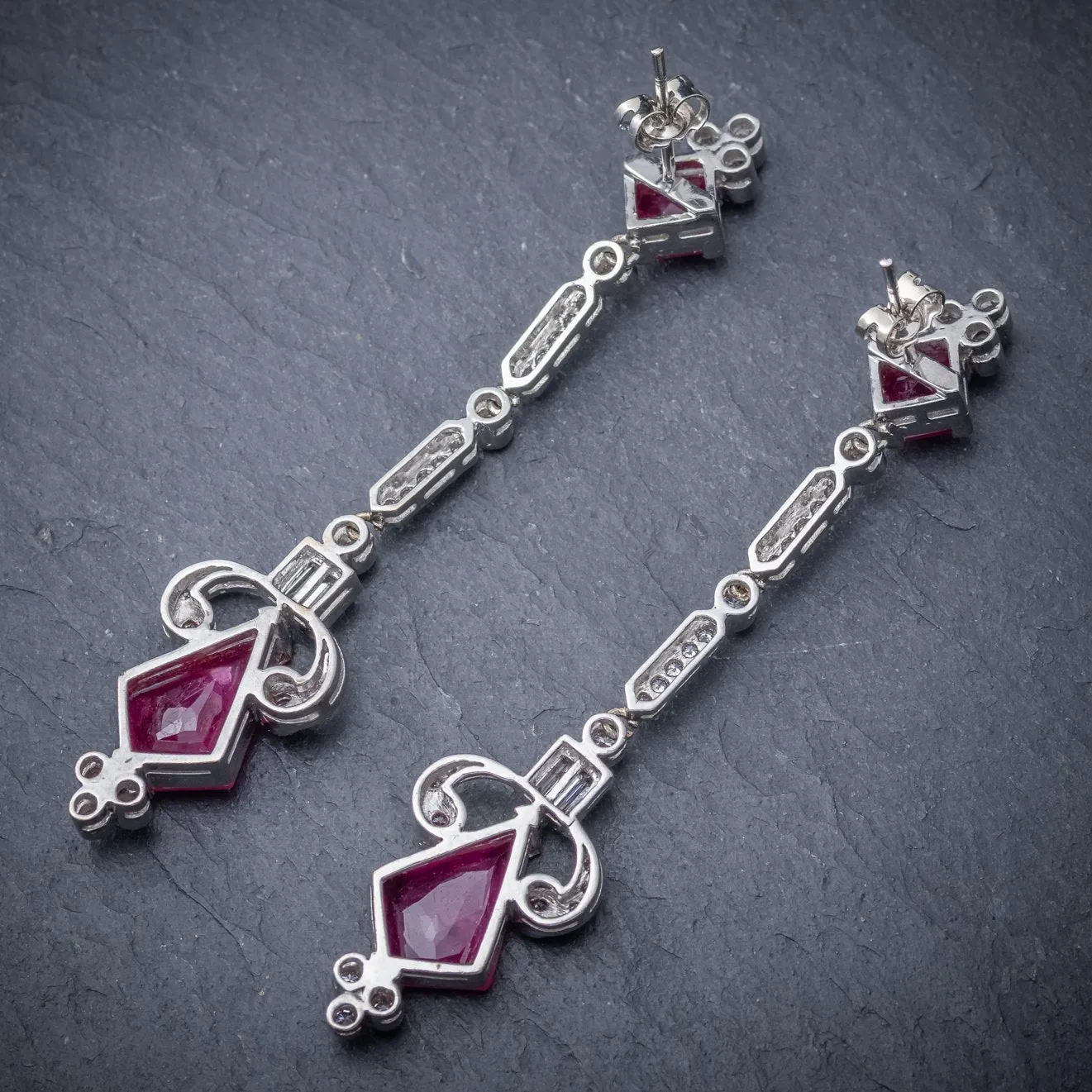 Vintage Long Ruby Diamond Drop Earrings 18Ct White Gold Circa 1960