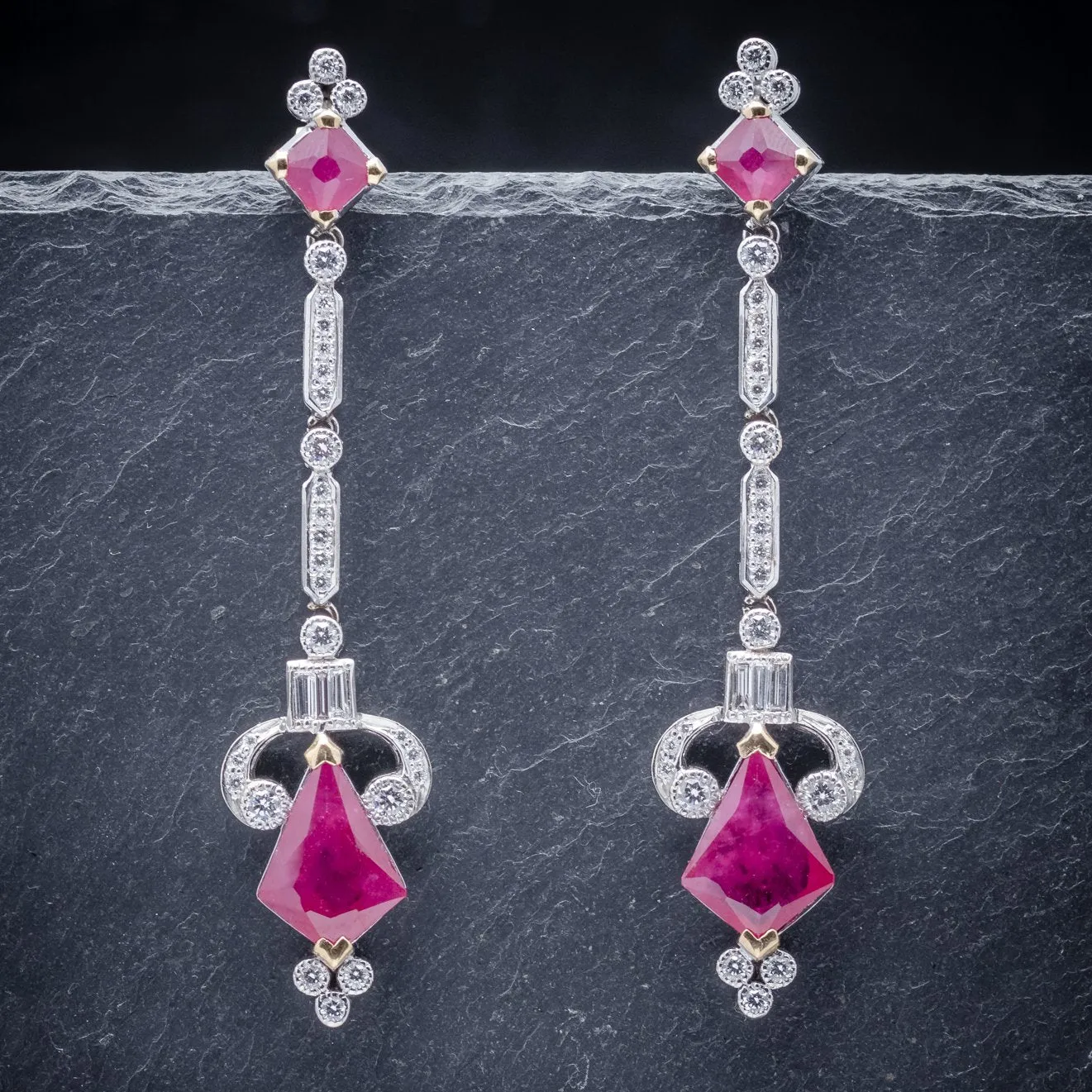Vintage Long Ruby Diamond Drop Earrings 18Ct White Gold Circa 1960