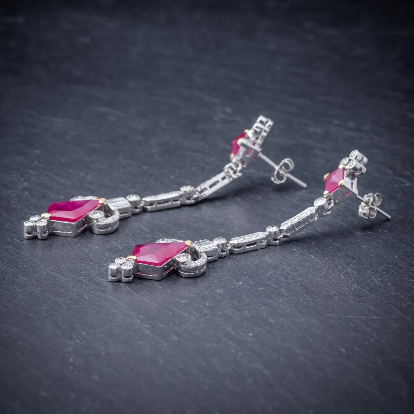 Vintage Long Ruby Diamond Drop Earrings 18Ct White Gold Circa 1960