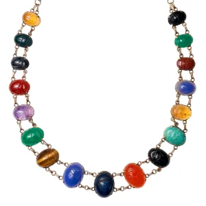 Vintage Mid-Century 14k Multi Stone Scarab Necklace