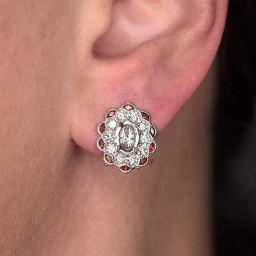 VINTAGE STYLE 1ct G VS IDEAL CUT DIAMOND RUBY OVAL HALO EARRING SETTING CALIBRE