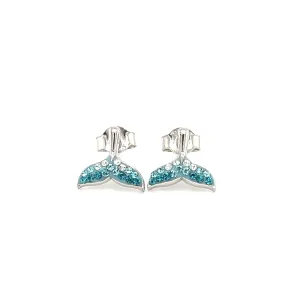 Whale Tail Stud Earrings with Turquoise Crystals in Sterling Silver