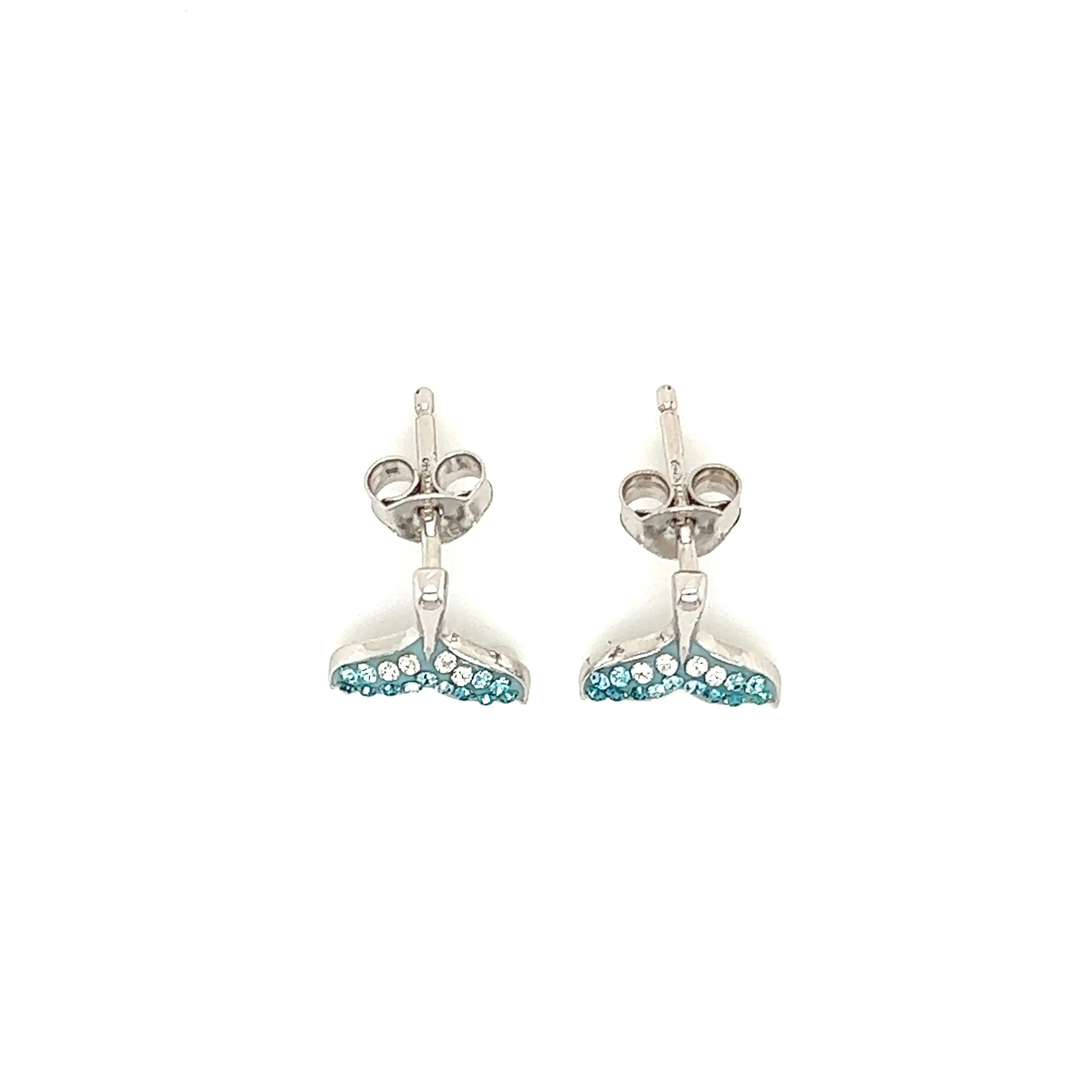 Whale Tail Stud Earrings with Turquoise Crystals in Sterling Silver