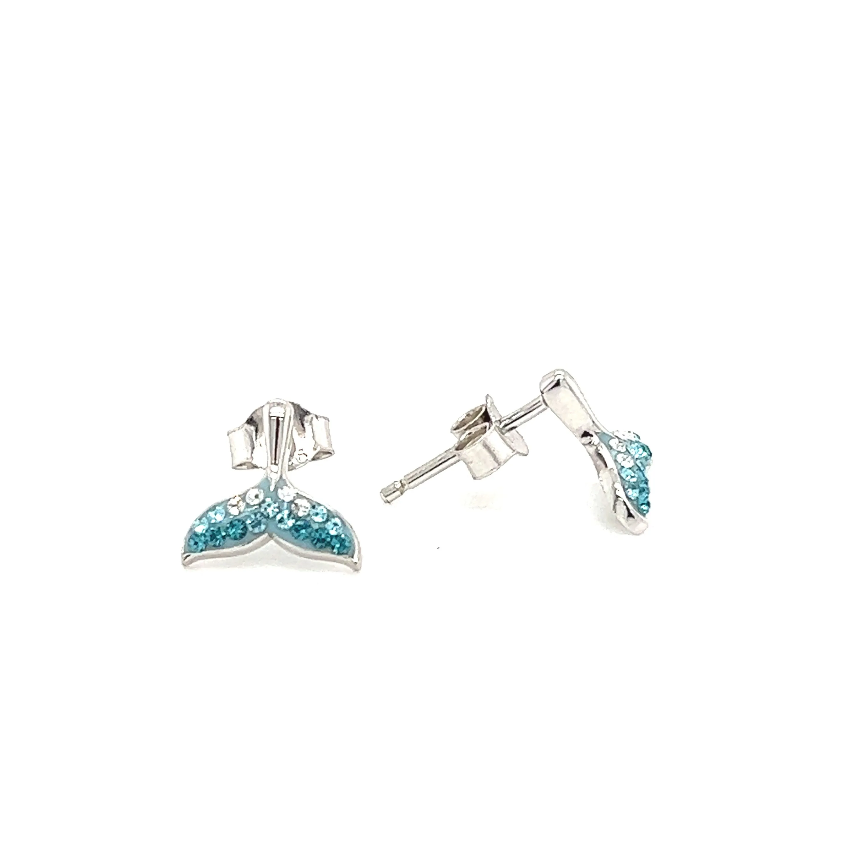 Whale Tail Stud Earrings with Turquoise Crystals in Sterling Silver